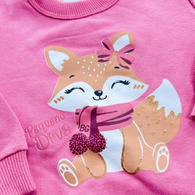 Conj. Casaco de Moletom Pequena Diva e Calça Legging Raposinha e Frutinhas - Rose